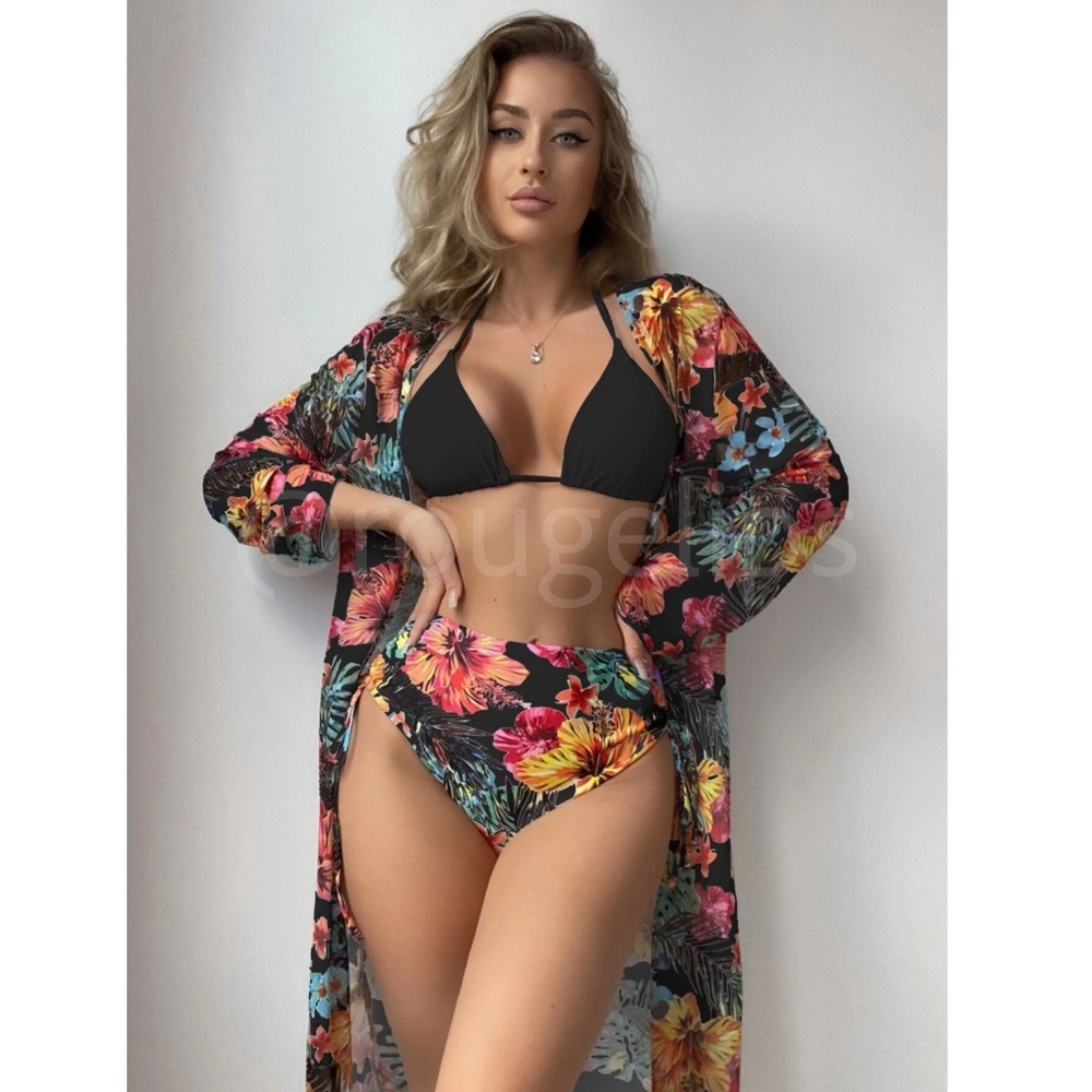 3 Piece Tropical Print Swimwear Set Kimono Floral Black Bikini Swimsuit - Picture 6 of 7